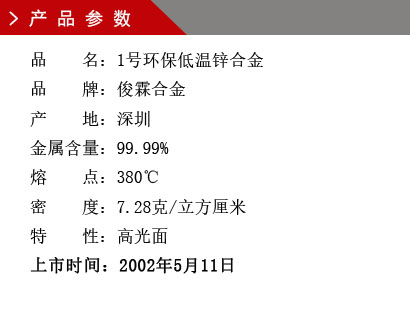 品 名：1号环保低温锌合金 品 牌：俊霖合金 产 地：深圳 金属含量：99.99% 熔 点：380℃ 密 度：7.28克/立方厘米特 性：高光面 上市时间：2002年5月11日