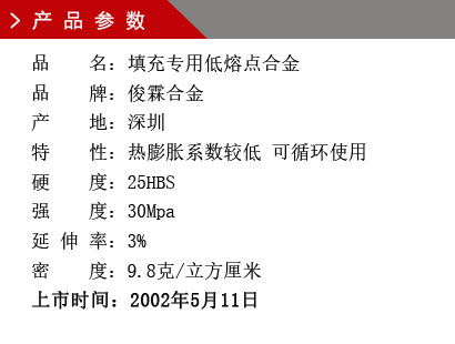 品 名：填充专用低熔点合金 品 牌：俊霖合金 产 地：深圳特 性：热膨胀系数较低 可循环使用 硬 度：25HBS 强 度：30Mpa 延 伸 率：3% 密 度：9.8克/立方厘米 上市时间：2002年5月11日