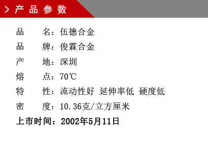 品 名：伍德合金 品 牌：俊霖合金 产 地：深圳 熔 点：70℃特 性：流动性好 延伸率低 硬度低 密 度：10.36克/立方厘米 上市时间：2002年5月11日