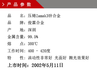 品 名：压铸Zamak3锌合金 品 牌：俊霖合金 产 地：深圳 金属含量：99.5% 熔 点：380℃工作时间: 400 - 420度 特 性: 流动性非常好 光面好 抛光效果好 上市时间：2002年5月11日